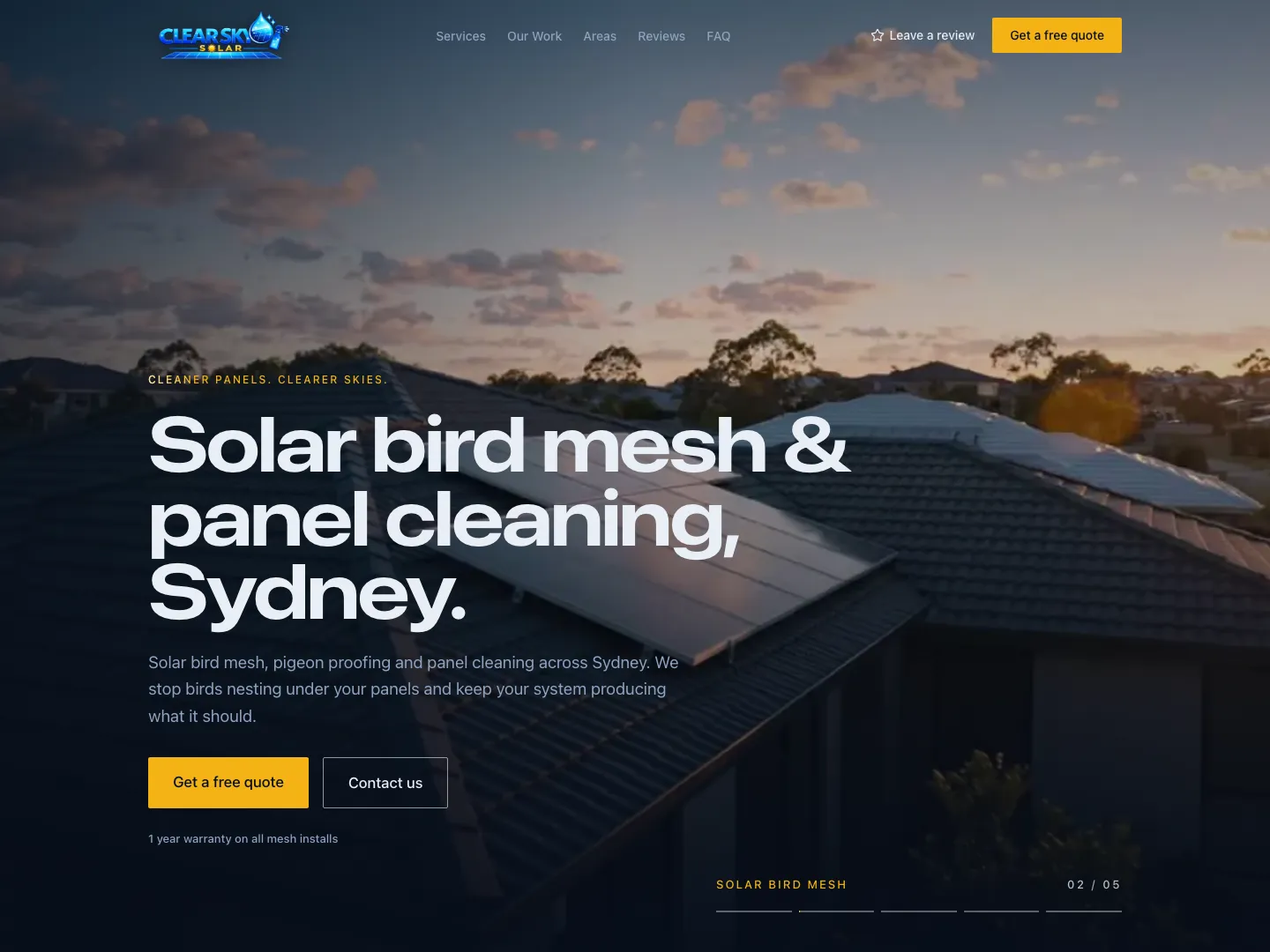 ClearSky Solar homepage: solar bird mesh and panel cleaning in Sydney